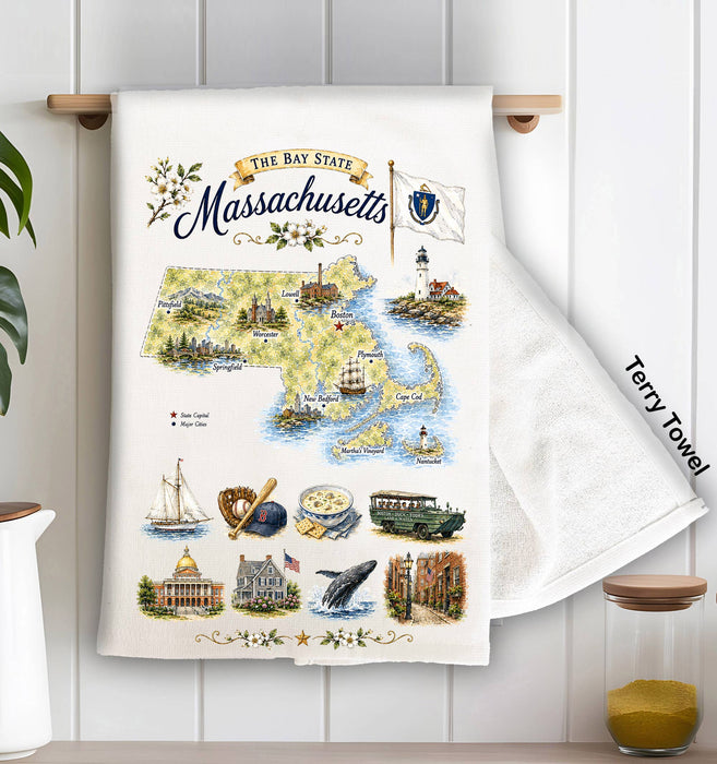 Massachusetts State Map Landmark Kitchen Terry Towel