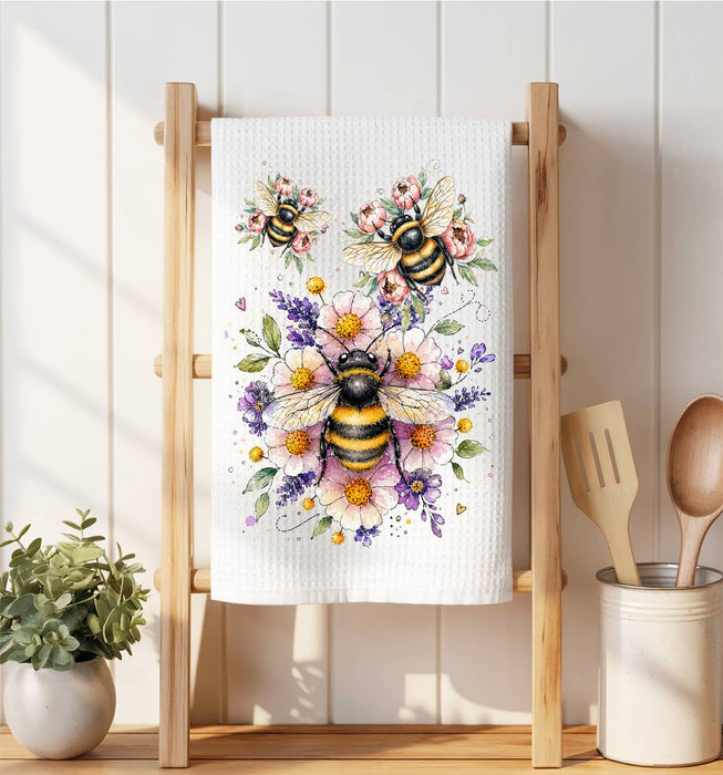 Whimsical Bees Flowers Waffle Weave Towel