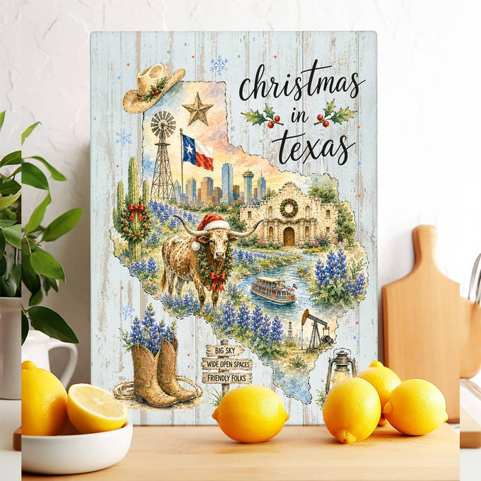 Christmas in Texas State Map Glass Cutting Board