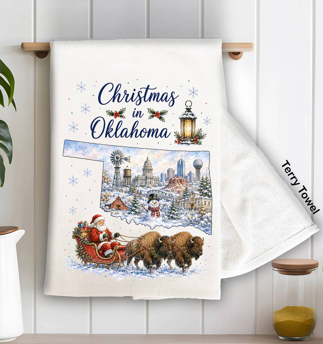 Christmas in Oklahoma State Map Kitchen Terry Towel