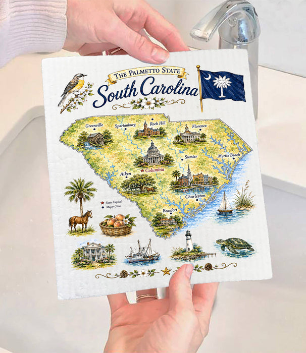 South Carolina State Map Landmark Swedish Dishcloth