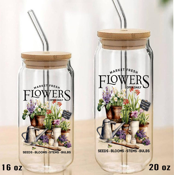 Market Fresh Garden Flowers Can Glass with Lid Straw