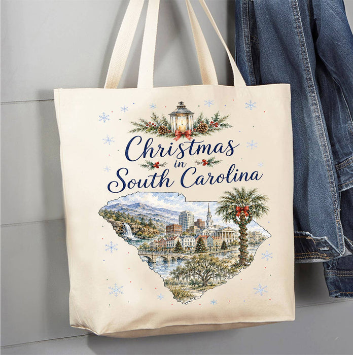 Christmas in South Carolina State Map Canvas Tote Bag