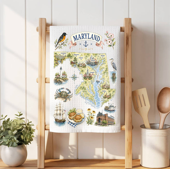 Maryland State Map Landmark Waffle Weave Towel