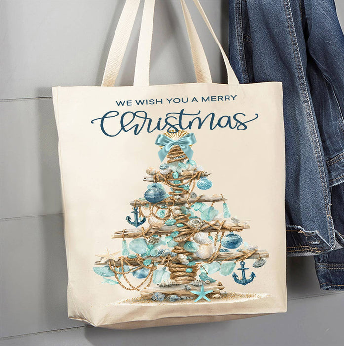 Coastal Christmas Sea Glass Tree Canvas Tote Bag