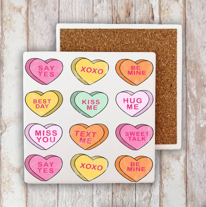 Candy Hearts Messages Valentine Stone Coaster