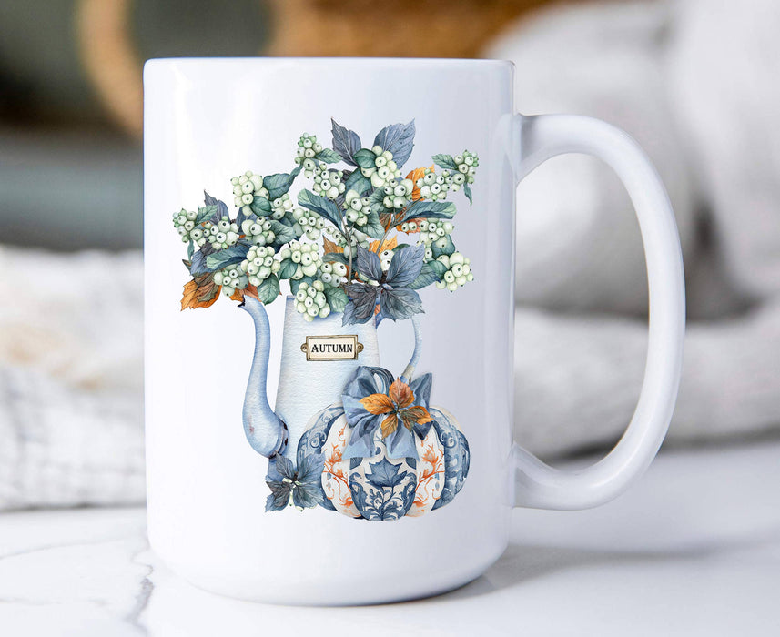 Autumn Blue White Pumpkins Flowers Coffee Mug