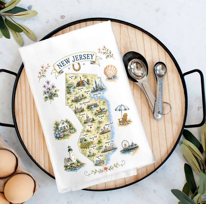 New Jersey State Map Landmark Tea Towel