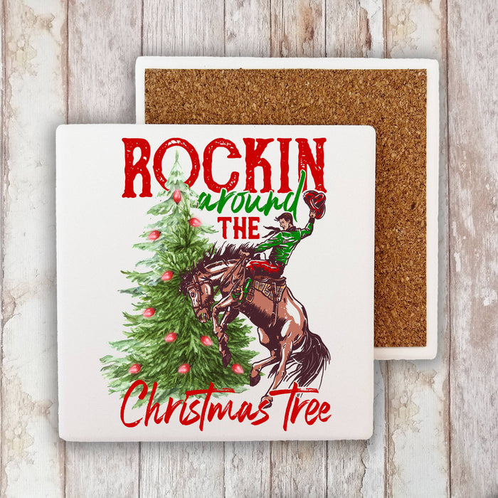Rockin Around Christmas Tree Western Stone Coaster