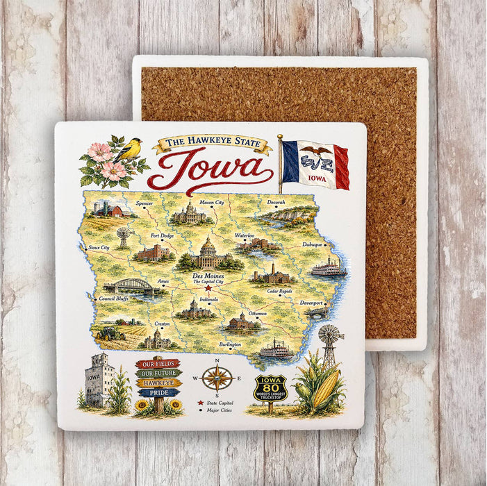 Iowa State Map Landmark Stone Coaster