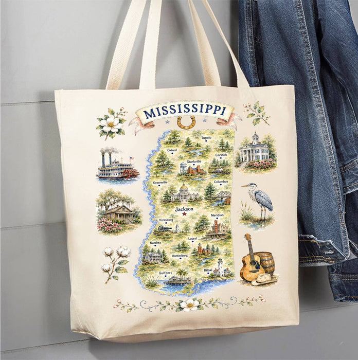 Mississippi State Map Landmark Canvas Tote Bag