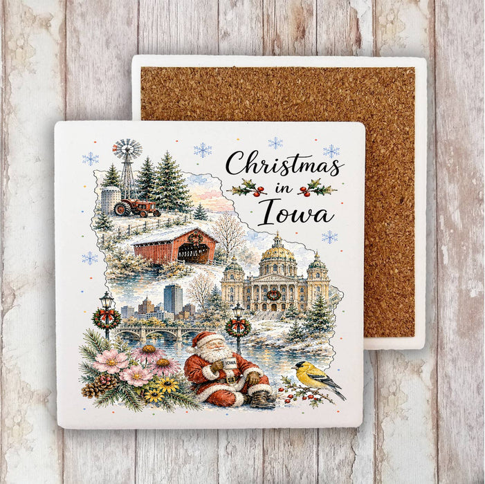Christmas in Iowa State Map Stone Coaster