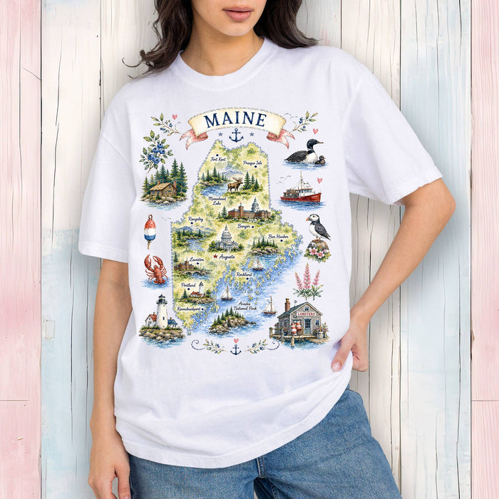 Maine State Map Landmark T-Shirt