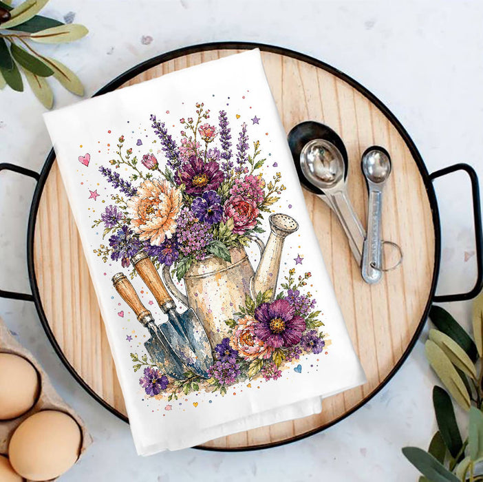 Watercolor Flower Watering Can Garden Tea Towel