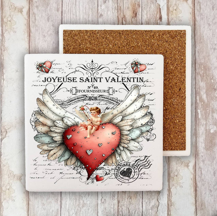 Vintage French Heart Cupid Valentine Stone Coaster