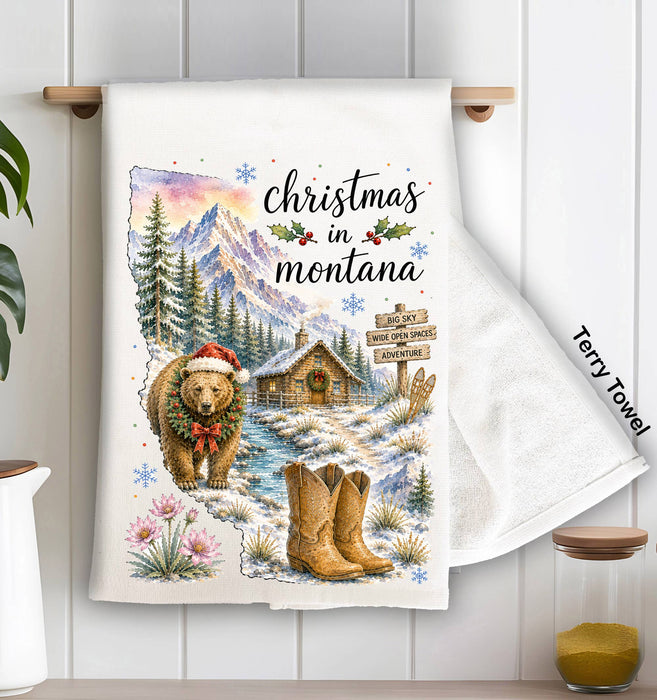 Christmas in Montana State Map Kitchen Terry Towel