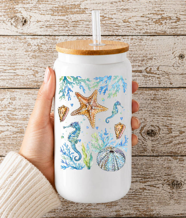 Coastal Blue Starfish Sea Horse Ocean Glass Cup