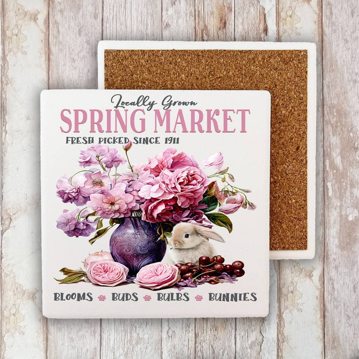 Spring Market Flowers Bunny Stone Coaster