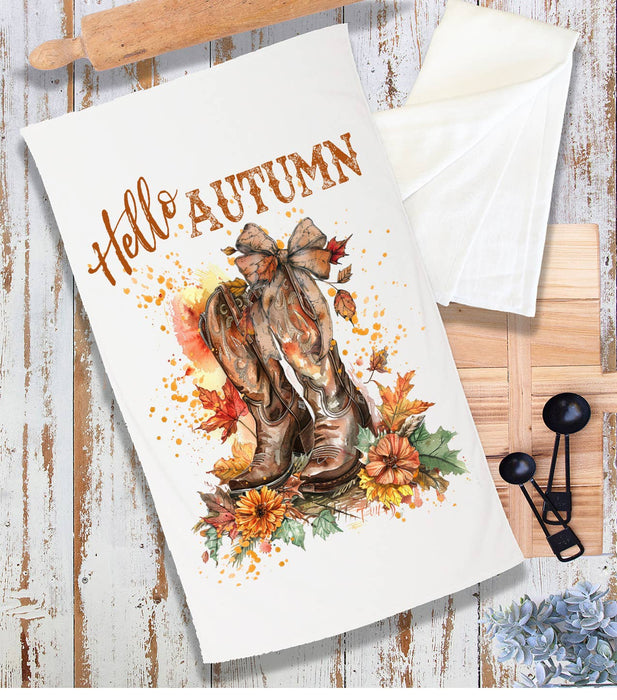 Hello Autumn Fall Cowboy Boots Terry Towel