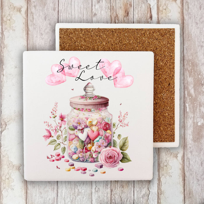 Valentine Candy Jar Sweet Love Heart Stone Coaster