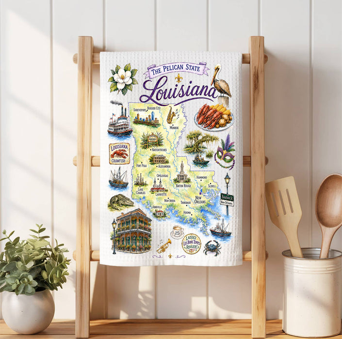 Louisiana State Map Landmark Waffle Weave Towel