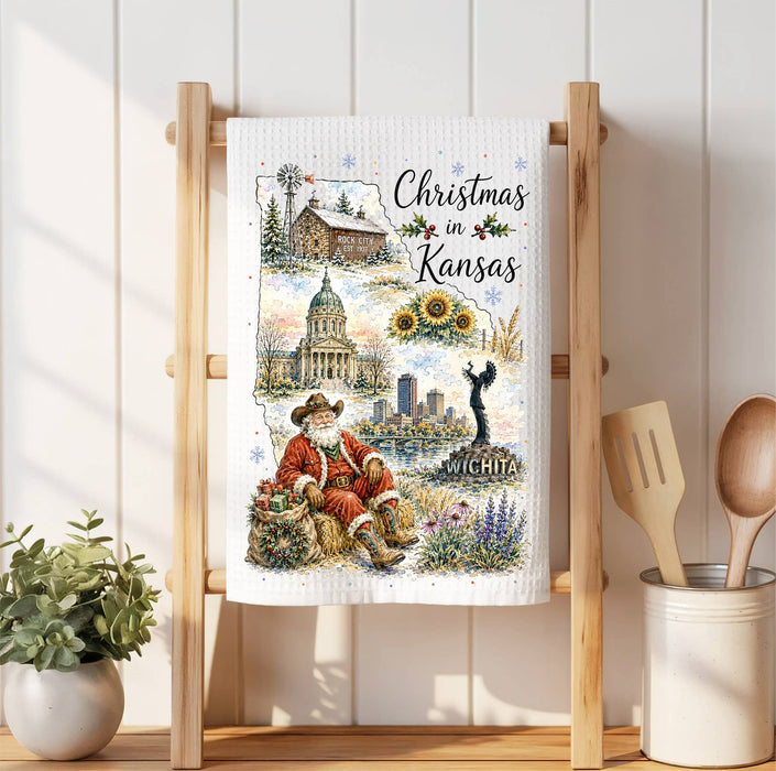 Christmas in Kansas State Map Waffle Weave Towel