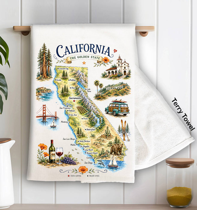 California State Map Landmark Kitchen Terry Towel