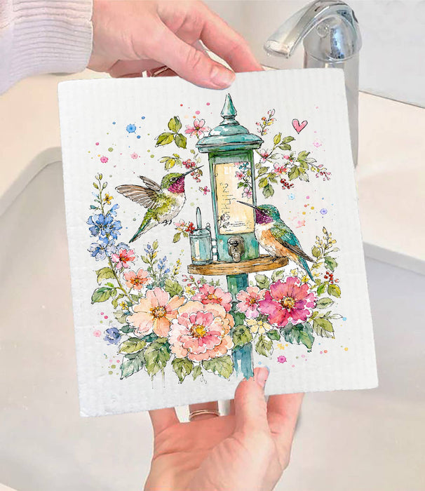 Spring Flowers Hummingbirds Swedish Dishcloth