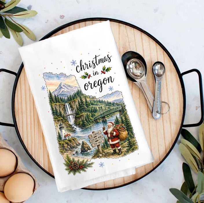 Christmas in Oregon State Map Tea Towel