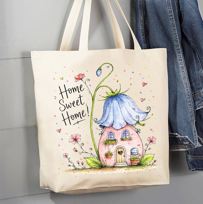Home Sweet Home House Flowers Canvas Tote Bag