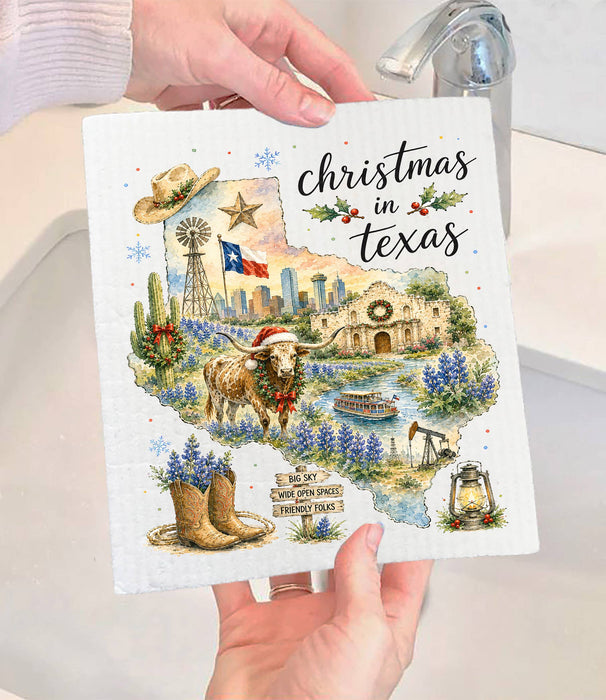 Christmas in Texas State Map Swedish Dishcloth