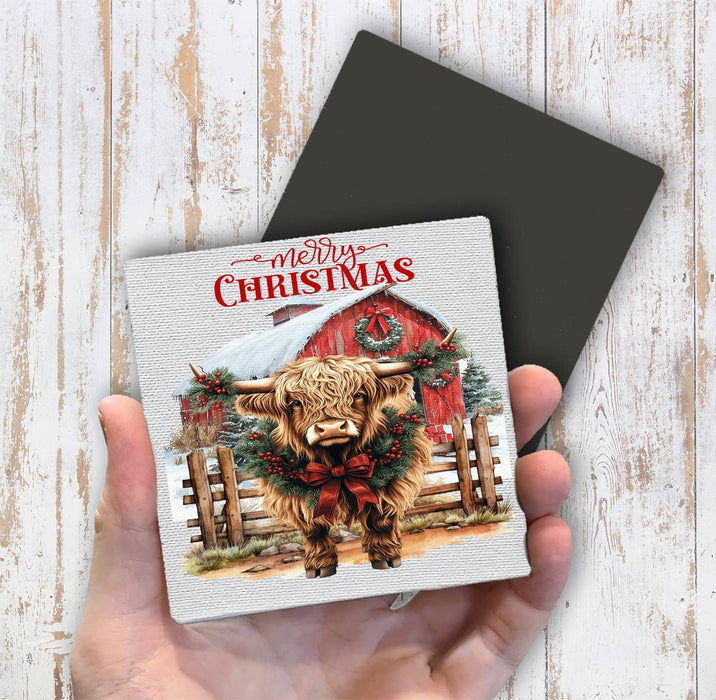 Christmas Highland Cow Barn Western Magnet Fridge