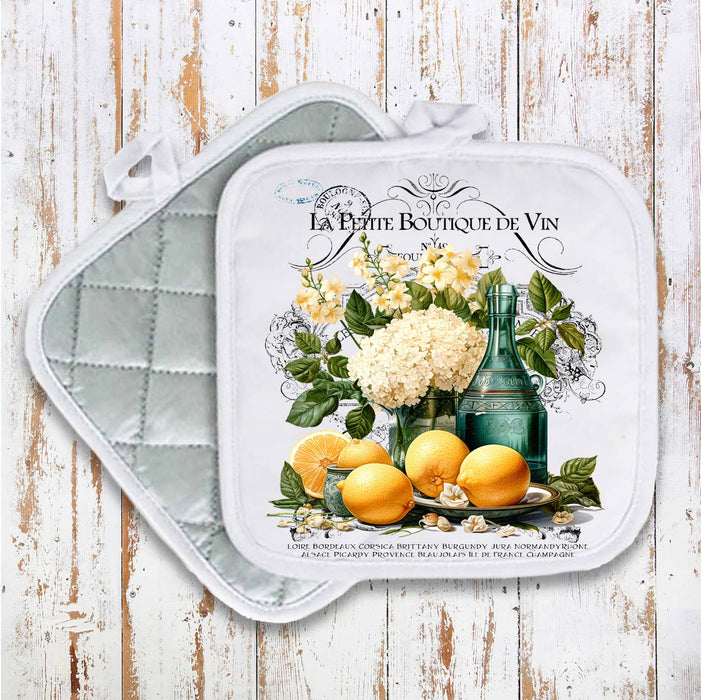 Vintage French Flower Lemons Pot Holder Oven Mitt