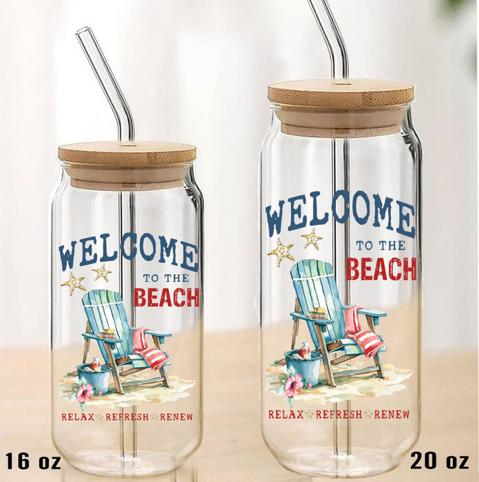 Coastal Welcome to the Beach Can Glass with Lid Straw