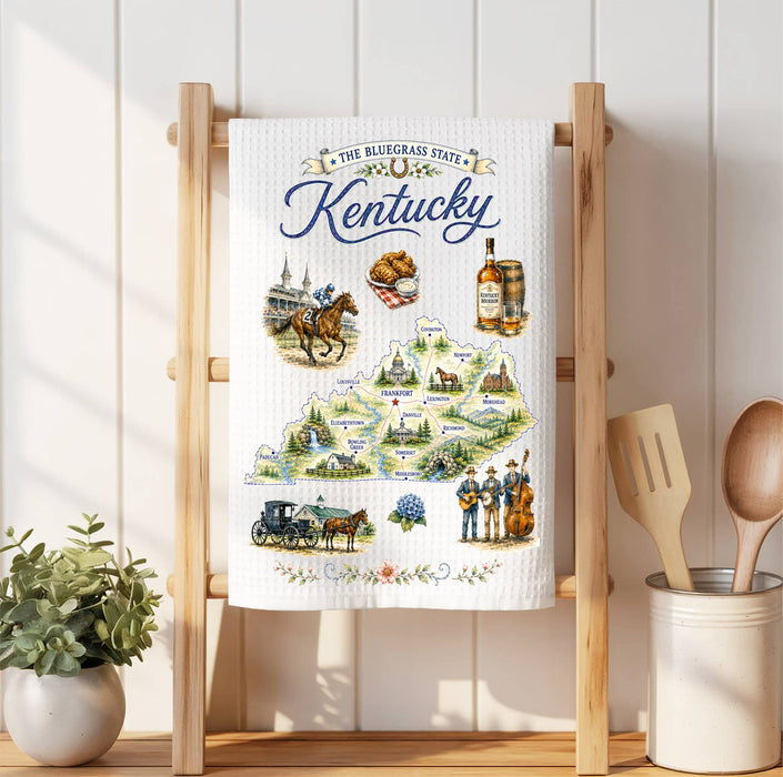 Kentucky State Map Landmark Waffle Weave Towel