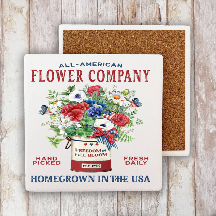 Farmhouse 4th of July Patriotic Flowers Stone Coaster