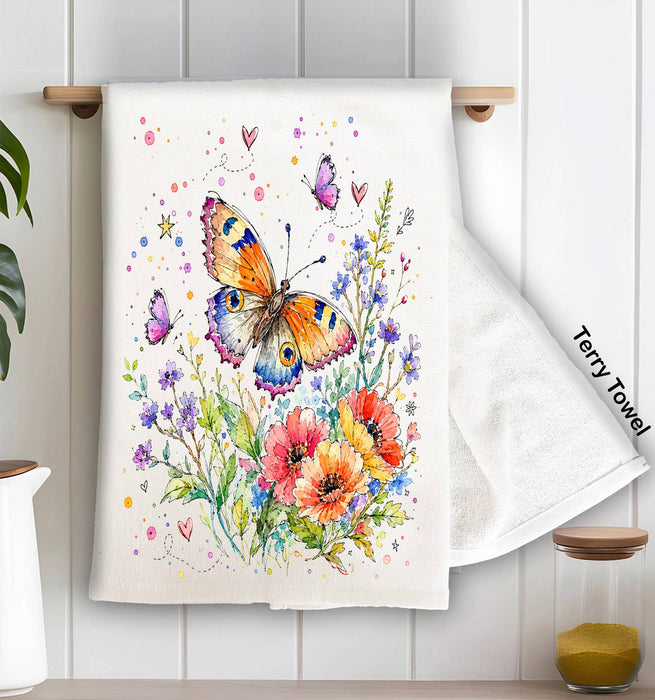 Whimsical Butterflies Flowers Kitchen Terry Towel