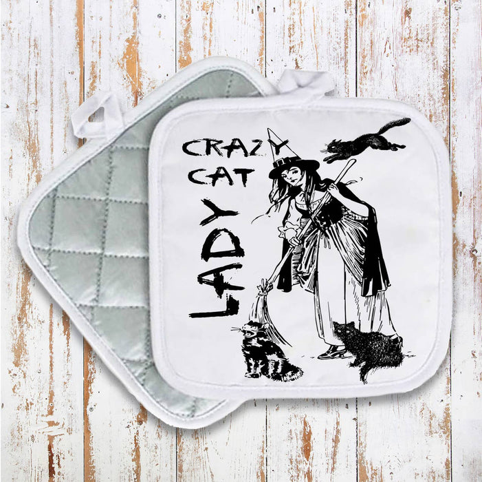 Crazy Cat Lady Witch Halloween Pot Holder Oven Mitts