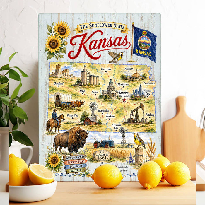Kansas State Map Landmark Glass Cutting Board