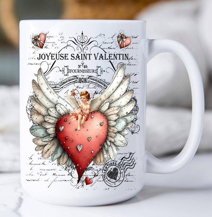 Vintage French Heart Cupid Valentine Coffee Mug