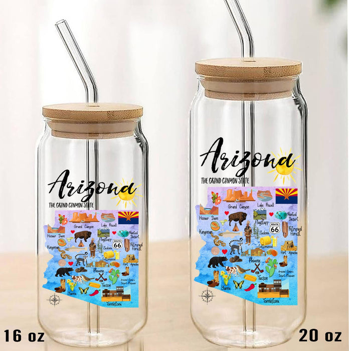 Arizona State Map Can Glass with Lid and Straw