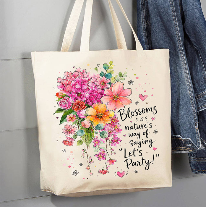 Blossom Nature Saying Lets Party Flowers Canvas Tote Bag