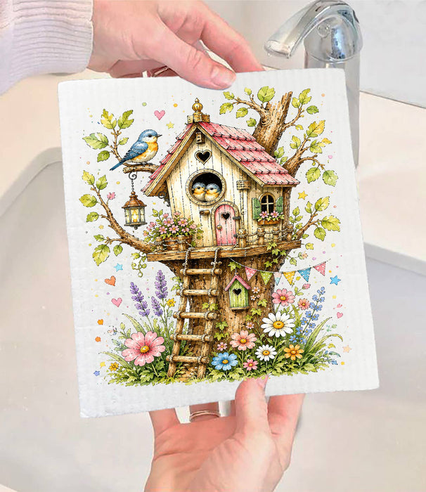 Spring Birds in Birdhouse Flowers Swedish Dishcloth