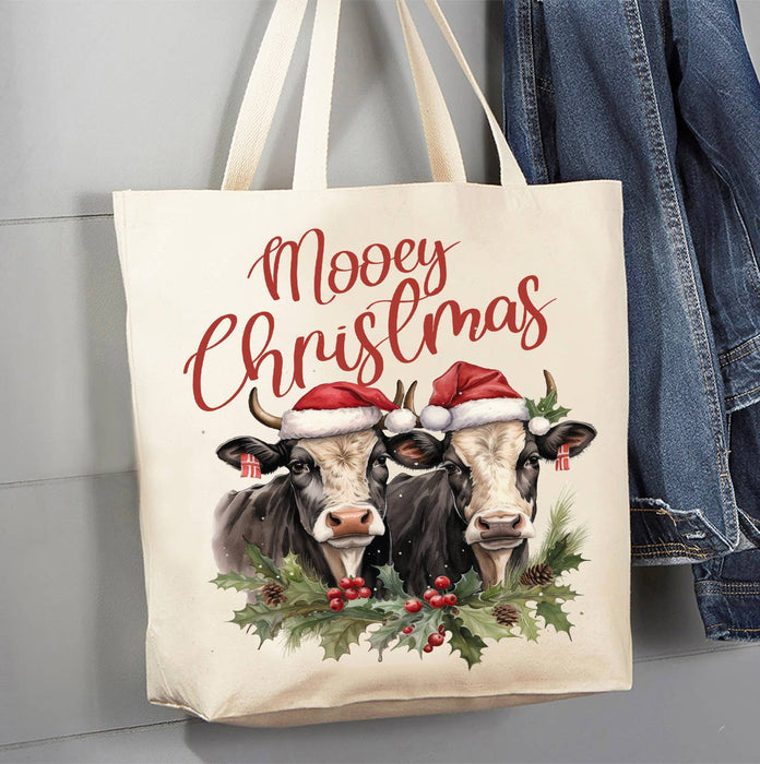 Mooey Christmas Cows Farm Canvas Tote Bag