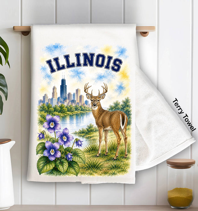 Illinois State Bird and Animal Kitchen Terry Towel