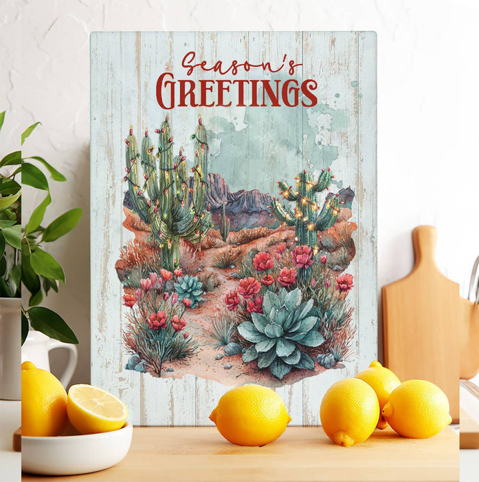 Christmas Seasons Greeting Desert Cactus Glass Cutting Board