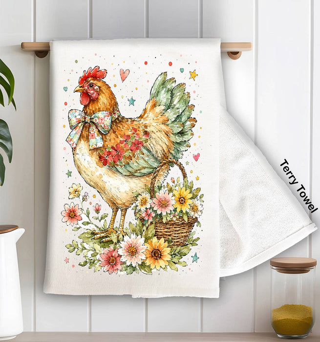 Watercolor Country Hen Flowers Kitchen Terry Towel
