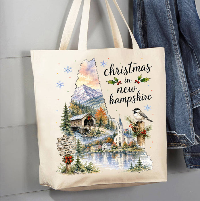 Christmas in New Hampshire State Map Canvas Tote Bag