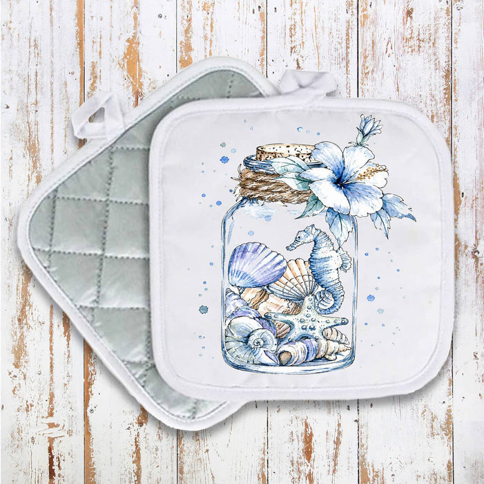 Coastal Blue Sea Shells in a Jar Pot Holder