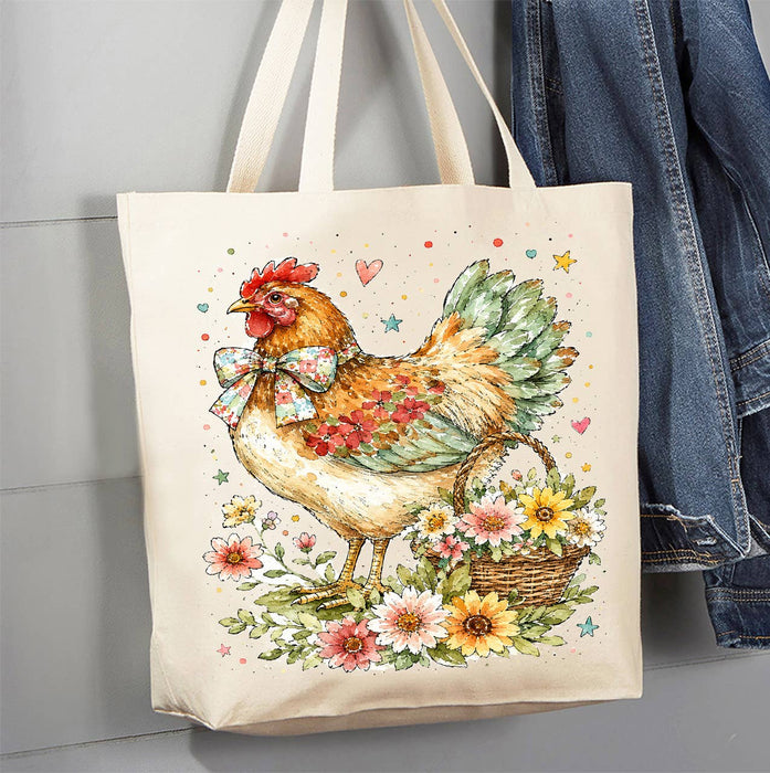 Watercolor Country Hen Flowers Canvas Tote Bag